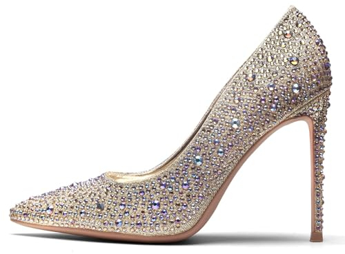 GENSHUO Damen Stiletto High Heels 10CM Sexy Spitze Stiletto Pumps Pailletten Geschlossene Zehe Party Abschlussball Hochzeit Absatzschuhe Stiletto Heels Glitzer Gold Strass 39 EU