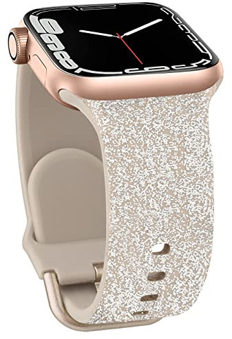 IEOVIEE Sport Band Compatible with Apple Watch Band 44mm 45mm 42mm, Women Glitter Bling Soft Silicone Waterproof Strap Replacement for iWatch Apple Watch SE Series 9 8 7 6 5 4 3 2 1, Silver Glitter,