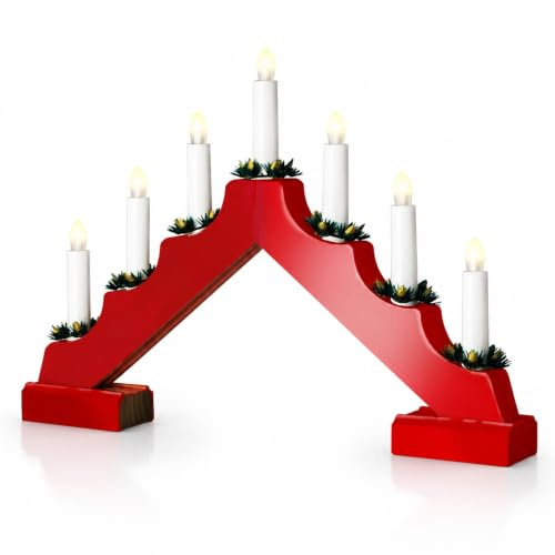 Status Schwarz Candle Bridge, Red, 7 Warm White LED Candle Lights | Indoor Christmas Lights, Timer Function, Battery Operated, SCHWAZ7REDBWW6