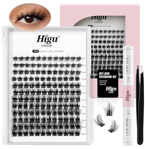 Higu clace 144pcs Wimpern Extensions,Lash Extension Set with Wimpern Pinzette,Super Hold Cluster Wimpern Lash glue and seal, DIY WIMPERN ZU HAUSE Wimpern Set for R08 mix 8-16mm