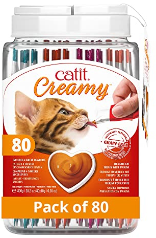 Catit Creamy Healthy & Hydrating natural, grain free lickable squeezy Cat Treat sticks, 80 x 10g (20ea chicken, tuna, salmon, lamb) tubes in reusable gift jar, Mixed