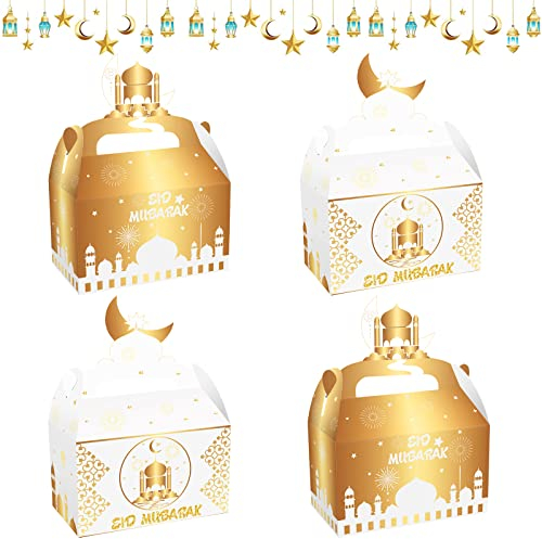12 Stück Eid Mubarak Geschenkboxen, Ramadan Geschenk Box, Ramadan Geschenkschachteln Weiß Gold, Mubarak Party Gunst Tasche, Muslimische Ramadan Leckerlis Geschenktüten, Ramadan Decor