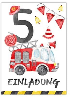 Junapack 12 Einladungskarten zum 5. Kindergeburtstag fünfte Geburtstag Jungen Feuerwehr Feuerwehrauto