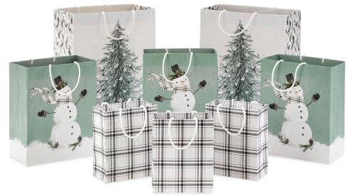 Hallmark Recyclable Bags Assortment (8 Bags: 3 Small 6, 3 Medium 9, 2 Large 13) in White, Sage Green with Rustic Snowman, Plaid, Evergreen Tree for Christmas, Winter Weddings, Birthdays