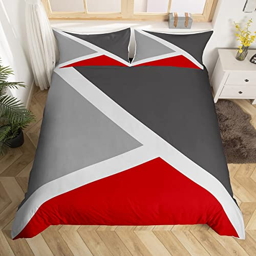 Homewish Patchwork Geometric King Size Duvet Cover Set with 2 Pillowcases - 100% Soft & Breathable Polyester, Zip Closure - Red and Gray Bedding - Modern Simple Pattern with Black Reverse