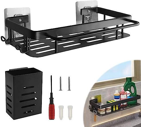 EXLECO Spülbecken Organizer Hängend Schwammhalter küche Wand Spüle Organizer ohne Bohren Spülorganizer Küchen Caddy Halter Küchen Organizer Schwarz Sink Organizer mit Handtuchhalter Stäbchenhaltern