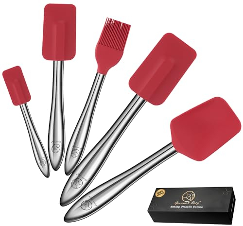 Juego de 5 utensilios de cocina de silicona con mango de acero inoxidable, juego de espátulas de silicona + cuchara + cepillo de silicona resistente al calor, ideal para utensilios de cocina(Rojo)