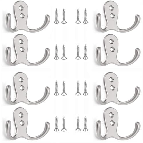 yenlk 8 Pcs Dual Coat Door Hooks, Double Prong Wall Mounted Hooks with 16 PCS Screws for Hanging Hat Tie Clothes Towel Metal Retro Cloth, Chrome Hanger for Bedroom Bathroom Kitchen,Silver