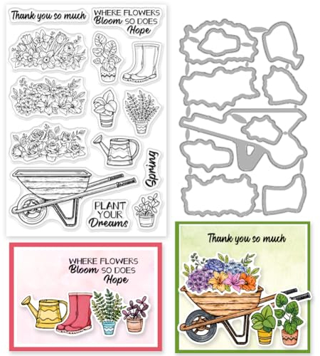 INFUNLY 2 Stück Frühlingsblumen-Stempel Und Stanzformen Für Die Kartenherstellung Inspirierendes Wort Transparenter Stempel Garten-Stanzformen Topfpflanze Gummistempel Sprühflasche Stanzform Für Scra