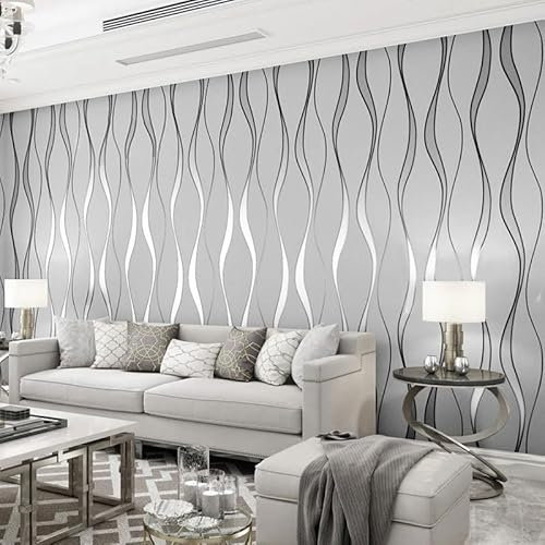 Snewvie Grey Wallpaper Wave Stripes Glitter Wallpaper 3D Effect Textured Wall Paper Flocking Embossed Roll Wallpapers for Living Room Adults Bedroom Hallway Kitchen
