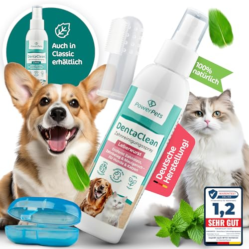 PowerPets - Dentalspray LEBERWURST + GRATIS Fingerzahnbürste 130ml [ Hunde & Katzen ] -100% natürliche Maulhygiene - Schluss mit Zahnbelag | Zahnsteinentferner, Zahnreinigungsspray