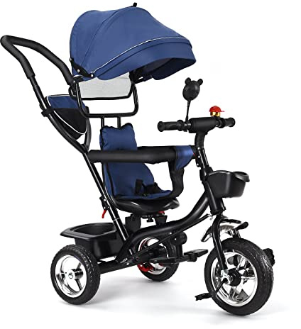 4 in 1 Dreirad, Kinderdreirad mit Schubstange, Drehbarer Sitz Vorwärts und Rückwärtsfahrt, Ausklappbarem Verdeck, Höhenverstellbar Elterngriff, Dreirad ab 9 Monate bis 25 kg (Navy Blau)