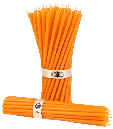Danilovo Reine Bienenwachskerzen – tropffrei, rauchfrei, hohe, dünne Spitzkerzen – dekorative Kerzen für Kirchgebet, Deko oder Geburtstagskerzen – Honigduft Kerzen – 18,5 x 0,61 cm (Orange, 50 Stück)