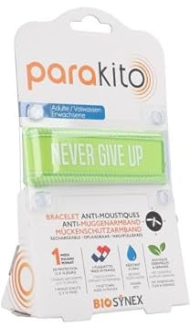 Biosynex Parakito – Pulsera antimosquitos recargable – 2 recambios incluidos – 1 mes de uso – Sin deet – Diseño Never Give Up Verde – Talla adulto