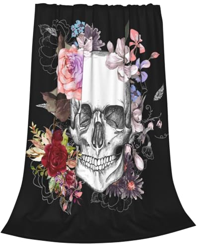 Newhomestyle Coperta Teschio e Fiori, Coperte Halloween Giorno dei Morti Nere, Biancheria da Letto Leggera Soffice Accogliente e Calda, Coperte in Pile Morbido Anti-pelucchi per Tutte le Stagioni per