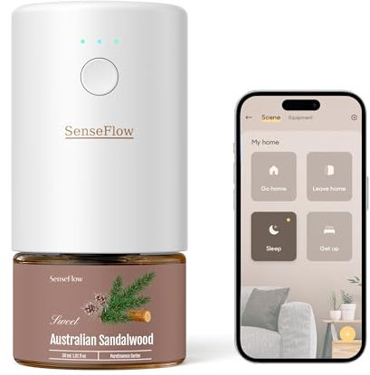 SenseFlow Aroma Diffuser für Ätherische Öle WiFi SF101S, Wasserloser Ultraschall Duftstecker Raumduft, 100% pflanzlich Lufterfrischer, 120-Tage Aroma für Zuhause bis 100 m²- Australisches Sandelholz