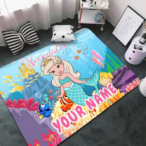 SHROUDEX Personalisiert Teppiche mit Namen, Cartoon Meerjungfrau Teppich, Personalisierte Meerjungfrau Kinderteppich Flanell-Teppiche Spielteppich Krabbelmatte (1,120x160cm)