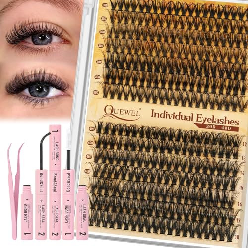 QUEWEL Wimpern-Extensions 30+40D Lash-Extension-Set gemischt 12-18mm Lash-Cluster mit wasserfester Wimpern-Cluster Kleber und Versiegelung Wimpernpinzette natürlicher Look zu Hause (30D+40D-Set)