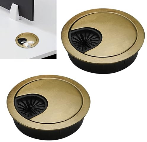 Lot de 2 cache-câbles de bureau de 60 mm, en une seule pièce moulé en alliage de zinc robuste avec trou de câble central réglable pour plan de travail d'ordinateur de bureau (doré)