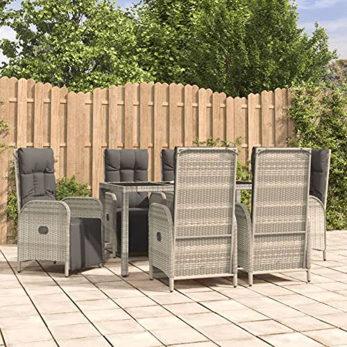 IKAYAA Rattan Essgruppe 6 Personen Gartenmöbel Essgruppe mit Verstellbare Hochlehner Stühlen Garten Sitzgruppe Grau Rattan Gartenmöbel Set mit Auflagen Sitzgarnitur mit 150 cm Tischlänge