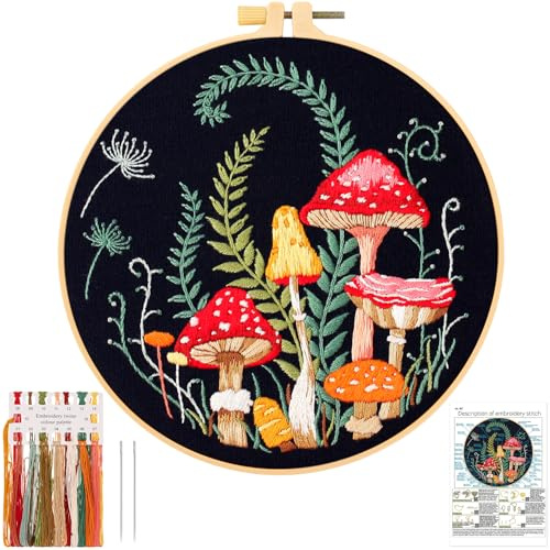 JSRQT Mushroom Embroidery Kit for Adults Beginners,Full Range of Embroidery Starter Kit,Handmade Sewing Stamped Craft Set,DIY Needlepoint Kits