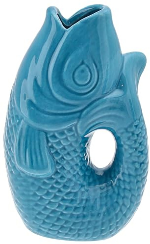 Vase Fisch 'Blubb' | 15x17x9cm Dolomit türkis | Blumenvase Dekovase Tischvase Fischform Fischmaul Griff (1 x Vase türkis 17cm)