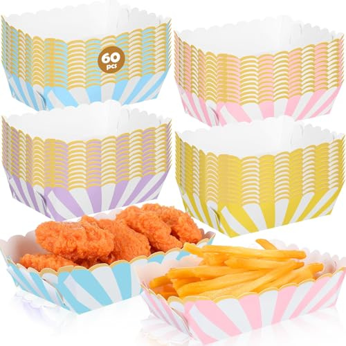 Dunzoom 60 Pcs Pastel Paper Food Trays Striped Pastel Party Supplies Kraft Food Boats 4 Colors Disposable Paper Plates Hot Dog Fries Taco Popcorn Tray for Birthday Baby Shower Wedding (Macaron Color)