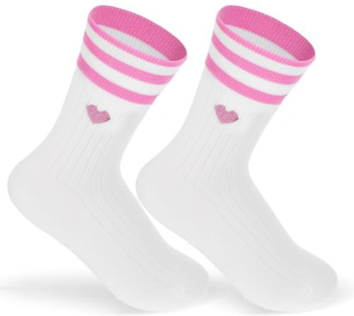 HJZHII 1 paire de chaussettes blanches pour femme 36-43, en coton, blanches, tendance, chaussettes de tennis avec cœurs, respirantes, chaussettes de sport pour filles et adolescentes (rose)