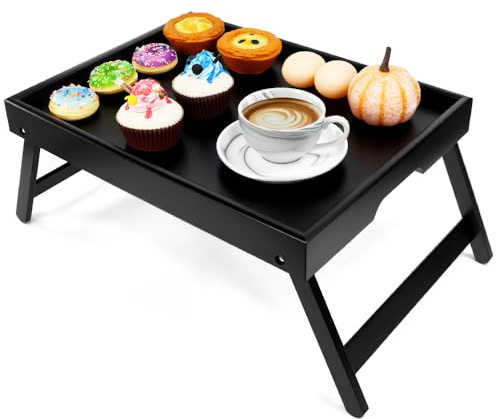 Zuxbolf Vassoio da Letto con Gambe Pieghevoli,Vassoio per Colazione a Letto in Bambù HxLxP: 19x40x30 cm,Tavolino da Letto Pieghevole per Computer Portatile (Nero)