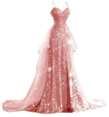 HAIBFJIN Robe de bal à paillettes à bretelles spaghetti en tulle avec fente longue robe sirène robe de cérémonie pour jeunes, Rose Poussiéreuse, 50