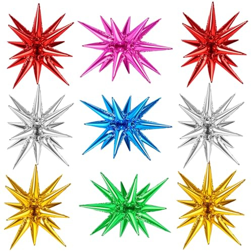 9 PCS Colorful Star Balloons Foil, One-Piece 22 Inch Explosion Spike Balloons, Large Rainbow Mylar Cone Star Balloon for Birthday Back to School Party Decorations
