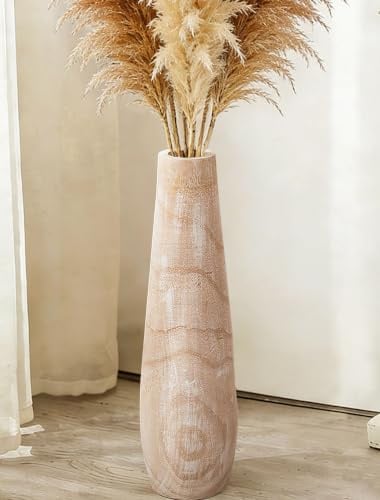 Hanobe Bodenvase Groß Holz 56cm Hoch: Vase Beige Deko Skandinavische | Bodenvasen gross xxl, für wohnzimmer flur, für pampasgras, natur boho/rustikal/landhausstil home decoration