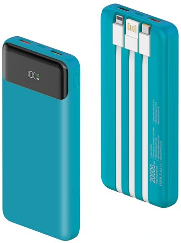 Power Bank 20000mAh con Cable, 22,5W Bateria Externa Carga Rapida USB C & 2 USB Bateria Portatil Compatible con Phone