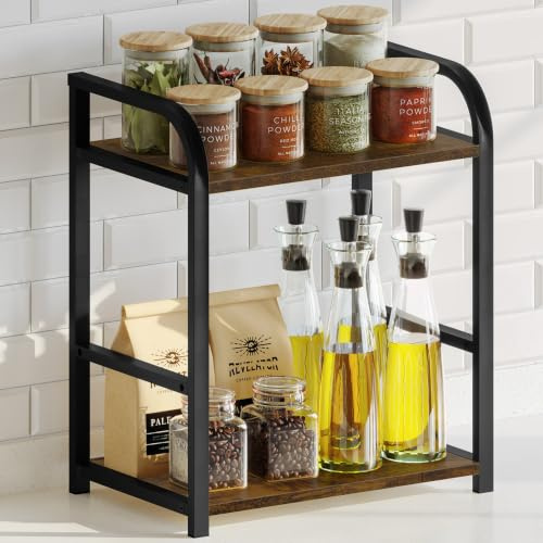 Kitchen Storage Organiser Coffee Station - 2 Tier Spice Rack for Countertop | Retro Wooden Shelf Organizer - Small Worktop Shelves Free Standing - Corner Bar Tea Organisation - Counter Top Shelving Unit