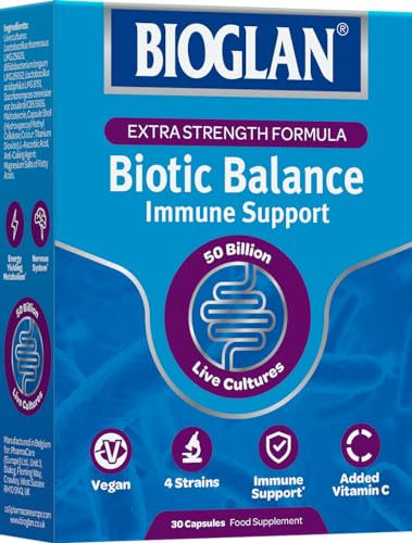 Bioglan Biotic Balance 50 Billion CFU | Vitamin C | Digestive Health & Immune Support | Super Strength | 4 Live Strains | Fridge Free | One Month Supply | 30 capsules