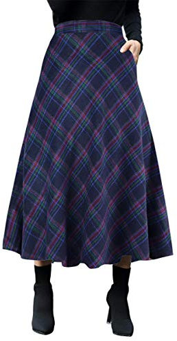 IDEALSANXUN Damen Plaid Wolle Röcke Elastische Taille A-Linie Plissee Tartan Lange Röcke, Marineblau, Klein