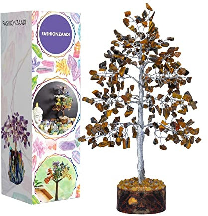 FASHIONZAADI Tiger Eye Gemstone Feng Shui Bonsai Chakra Tree Healing Crystals Money Trees Reiki Stone Good Luck Chakras Crystal Home Office Table Décor Figurine Gift Size-10 Inch (Silver Wire)