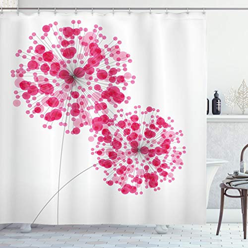 ABAKUHAUS Floral Duschvorhang, Abstrakte Löwenzahn-Grafik, Stoffliches Gewebe Badezimmerdekorationsset mit Haken, 175 x 180 cm, Perle Rosa