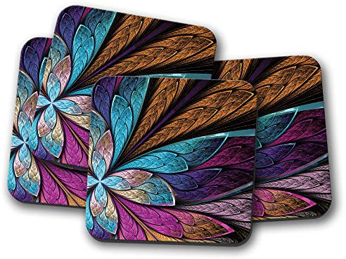 Juego de 4 posavasos de flores abstractas con plumas de vidrio teñidas para artistas #15782