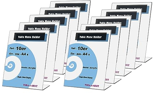 TUKA 10X A4 Hoch Acryl Anzeige-Ständer Plakataufsteller, Tischaufsteller Schräg L-Ständer, Prospektständer Werbeaufsteller Flyer-Display Speisekartenhalter aus 2,5mm Acryl Glaskla, TKD8200-A4-10x