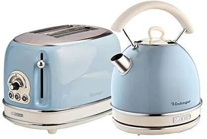 Ariete ARPK12 Retro Style Dome Kettle and 2 Slice Toaster Set, Vintage Design, Blue