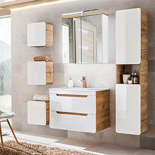 Lomadox Badmöbel Komplett Set, Hochglanz weiß mit Wotan Eiche Nb., 81 cm Keramik-Waschtisch, LED-Spiegelschrank, Hochschrank und 3 Hängeschränke