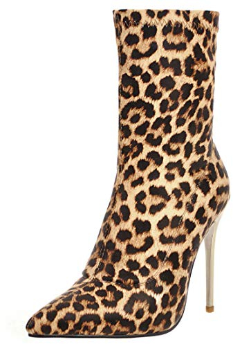 LUXMAX Donna Stivali Elasticizzati Tacco Alto Spillo 10 CM a Punta Stivaletti Tacchi Alti Slip-on Boots (Leopardate) - 42 EU