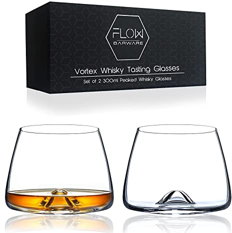 FLOW Barware Vortex Whiskey Tasting Glass Set of 2 Handblown Snifter Crystal Whisky Glasses | Unique Swirl Design Whisky Nosing Glass for Scotch, Bourbon, Rum or Brandy