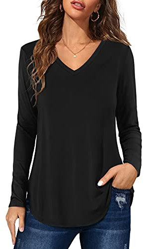 Florboom Ladies Tunic Tops Long Sleeved V Neckline Loose T-Shirt Basic Shirts Blouses Black Size 12 14