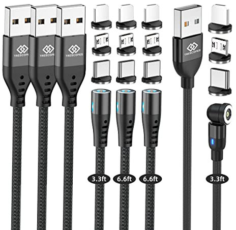 Trescopes Magnetic Charging Cable, (4 Pack - 2x1M, 2x2M), Magnetic Phone Charger Cable, Compatible for charging all Smartphones, Android, Micro USB and Type C Devices