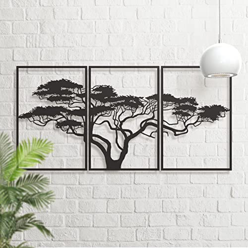 Dekory Arbre de Vie Baobab Africain en Métal Noir – Tableau Mural Triptyque Grand Format, Art Mural Arbre d’Afrique Moderne pour Salon, Chambre ou Entrée - 150x75 CM