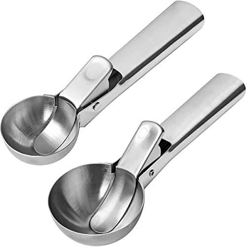 2 Pcs Stainless Steel Ice Cream Scoop, Heavy Duty Ice Cream Scooper with Trigger Metal Icecream Scoop Spoon for Fruit Scoop, Sundaes, Sorbet, Icecream (Silver)
