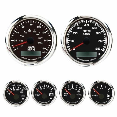 MOTOR METER RACING W PRO 6 Gauge Set 85mm 3-3/8 GPS Speedometer 160MPH/240KMH & Rev Counter 52mm 2-1/16 Water Temp Volt Oil Pressure Fuel Level - Black Dial White led - For Automotive Marine
