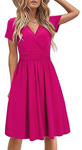 STYLEWORD Damen Sommerkleid Kurzarm V-Ausschnitt Kleider Einfarbig Kleid Strandkleid Mit Taschen(Rosa,XX-Groß)